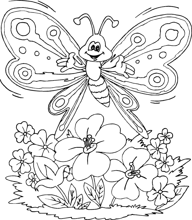 butterfly over flowers coloring page